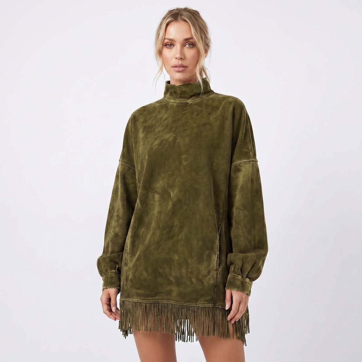 Women's Oversized Sweater Dress – Acid Wash Fringe Hem Mock Neck