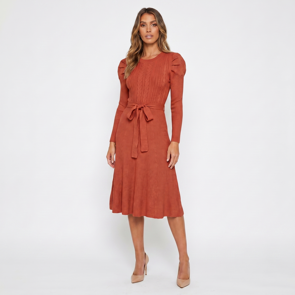 Women's Knit Midi Dress – Puff Shoulder Belted Ribbed A-Line