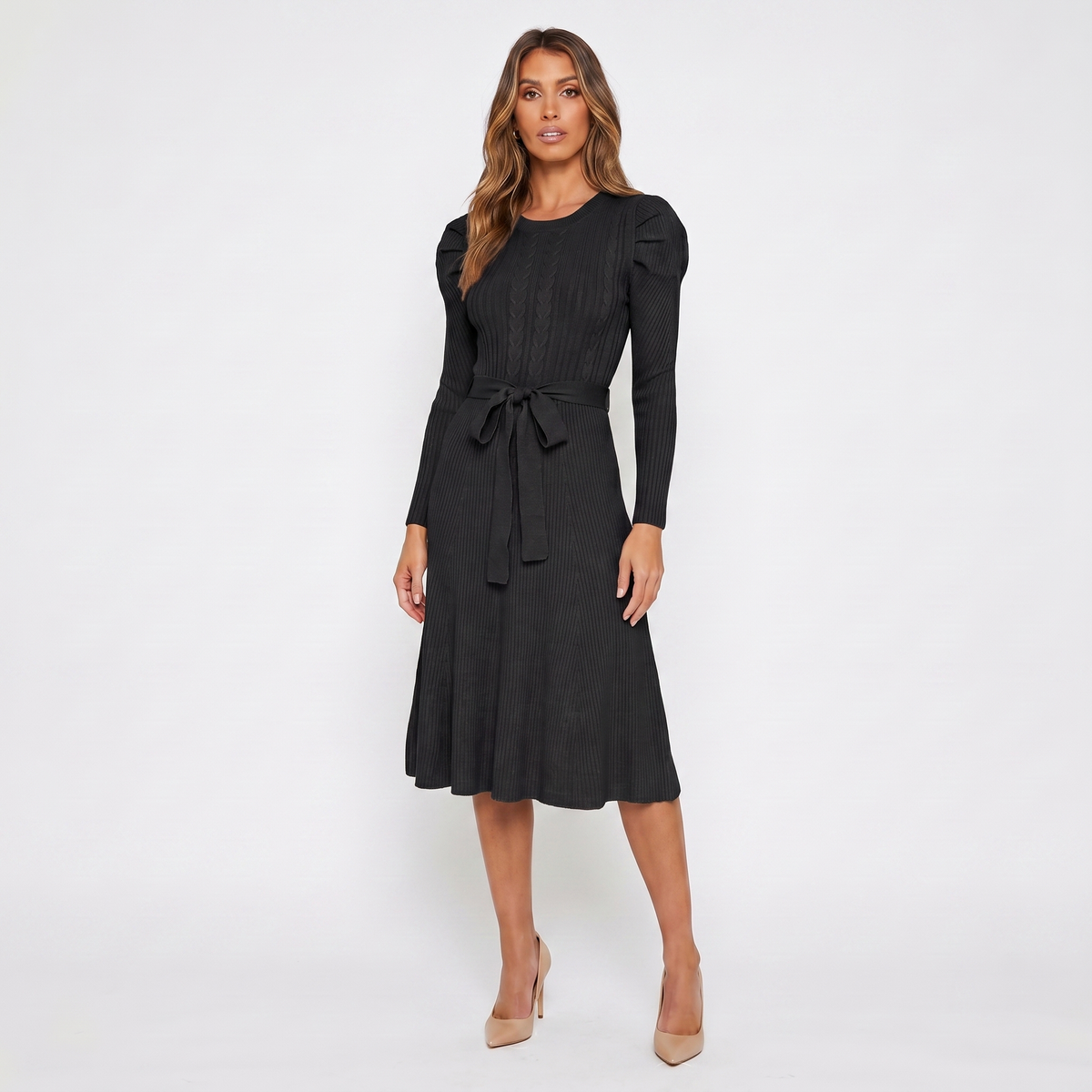 Women's Knit Midi Dress – Puff Shoulder Belted Ribbed A-Line