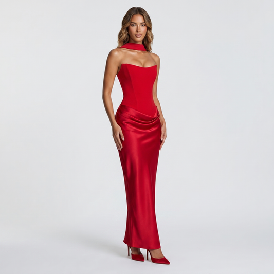 Women's Formal Maxi Dress – Strapless Bustier Satin Draped Scarf Neck Gown