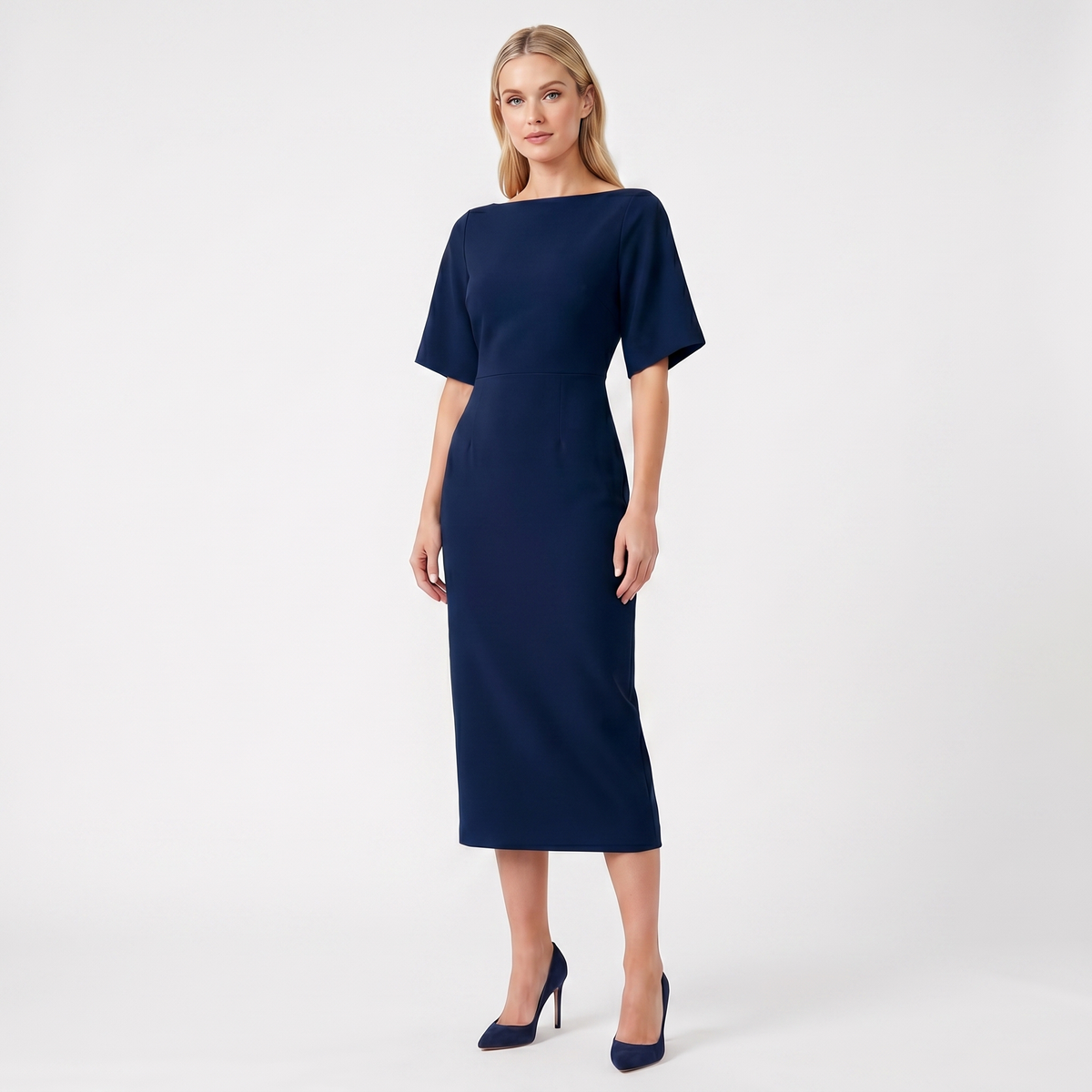 Women's Elegant Work Dress – Boat Neck Flutter Sleeve Fitted Midi