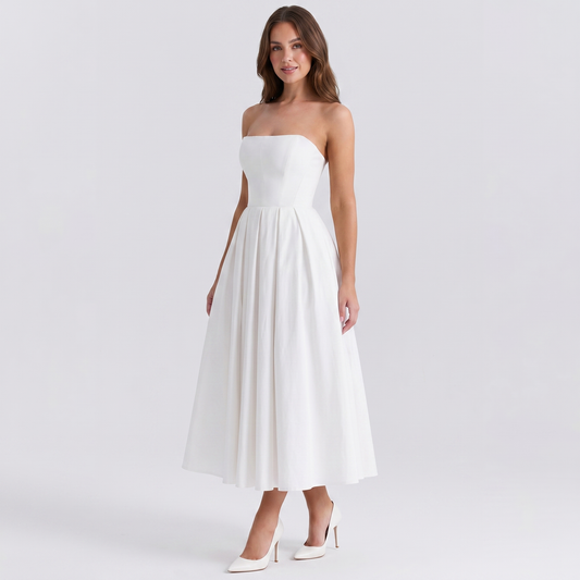 Women's Formal Midi Dress – Strapless Pleated A-Line Full Skirt