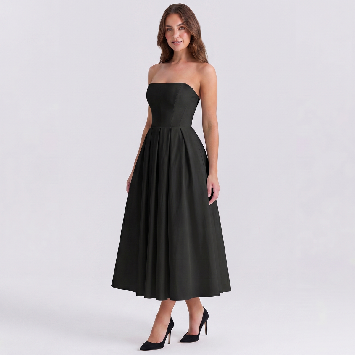 Women's Formal Midi Dress – Strapless Pleated A-Line Full Skirt