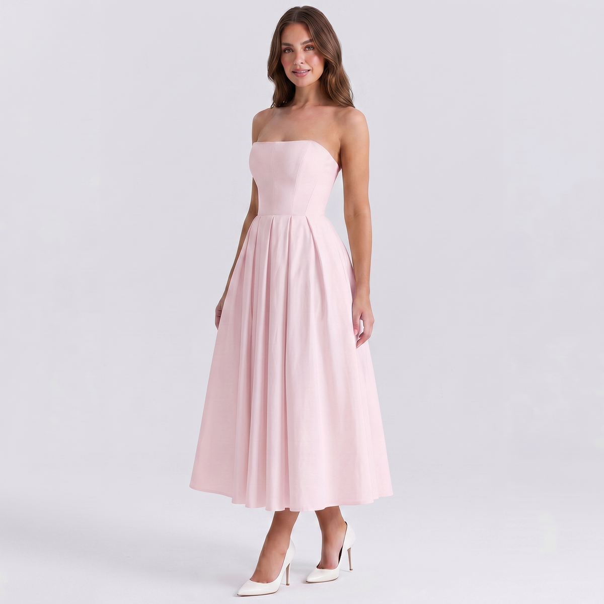 Women's Formal Midi Dress – Strapless Pleated A-Line Full Skirt