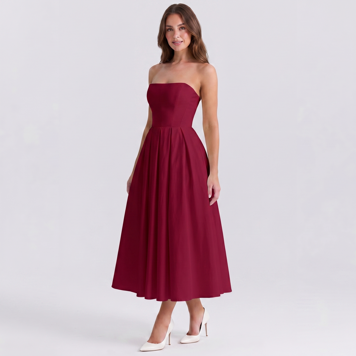 Women's Formal Midi Dress – Strapless Pleated A-Line Full Skirt