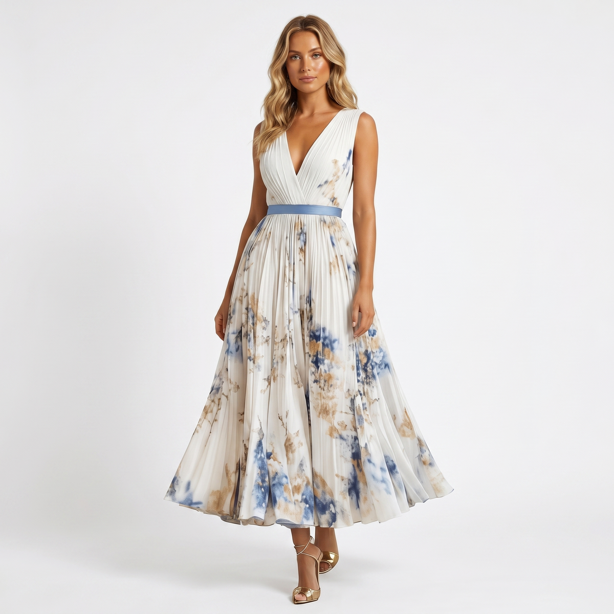 Women's Formal Maxi Dress – Pleated Chiffon Floral Print V-Neck Satin