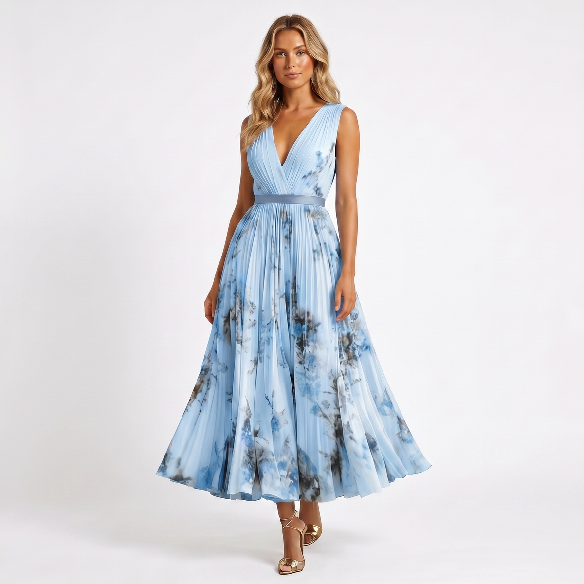 Women's Formal Maxi Dress – Pleated Chiffon Floral Print V-Neck Satin