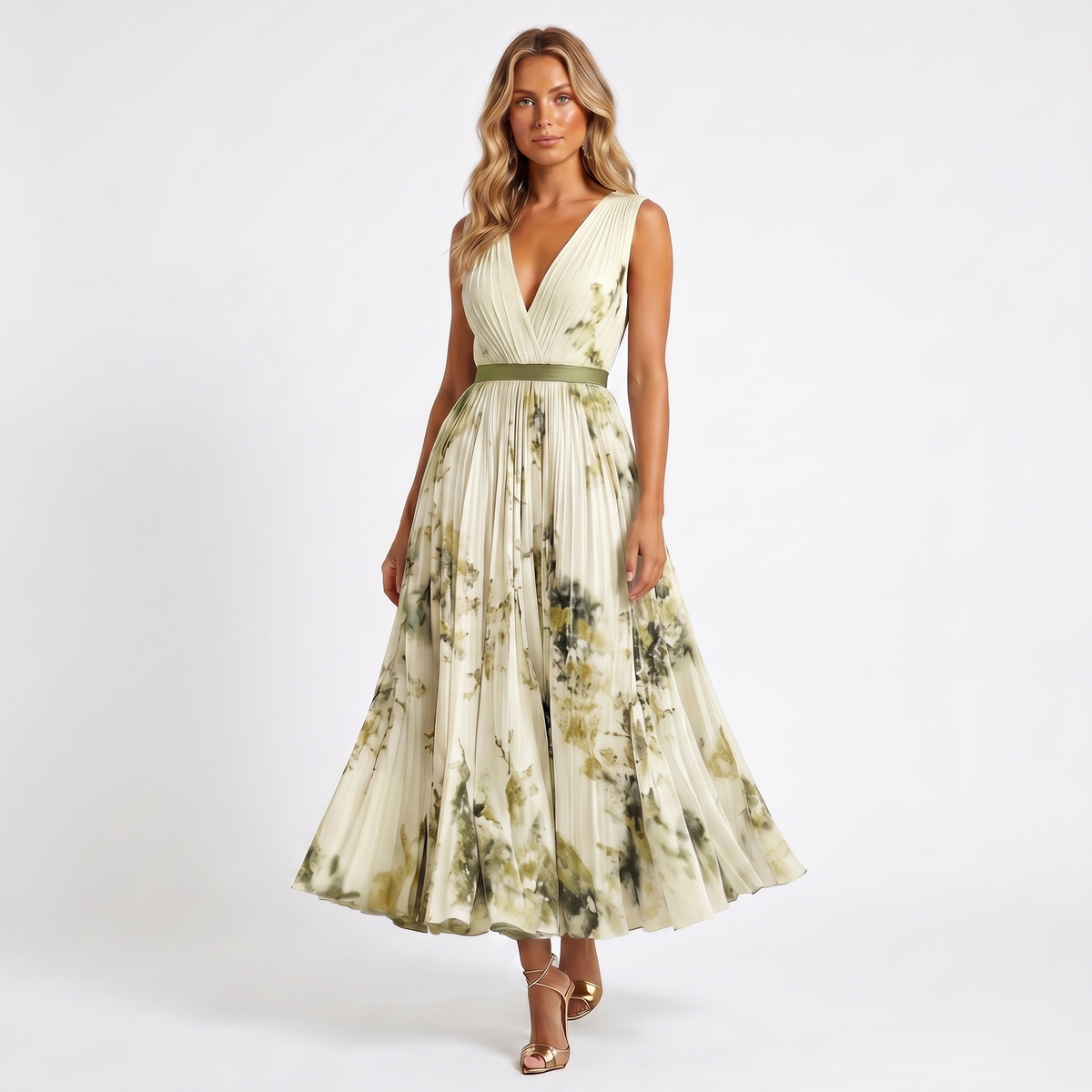 Women's Formal Maxi Dress – Pleated Chiffon Floral Print V-Neck Satin