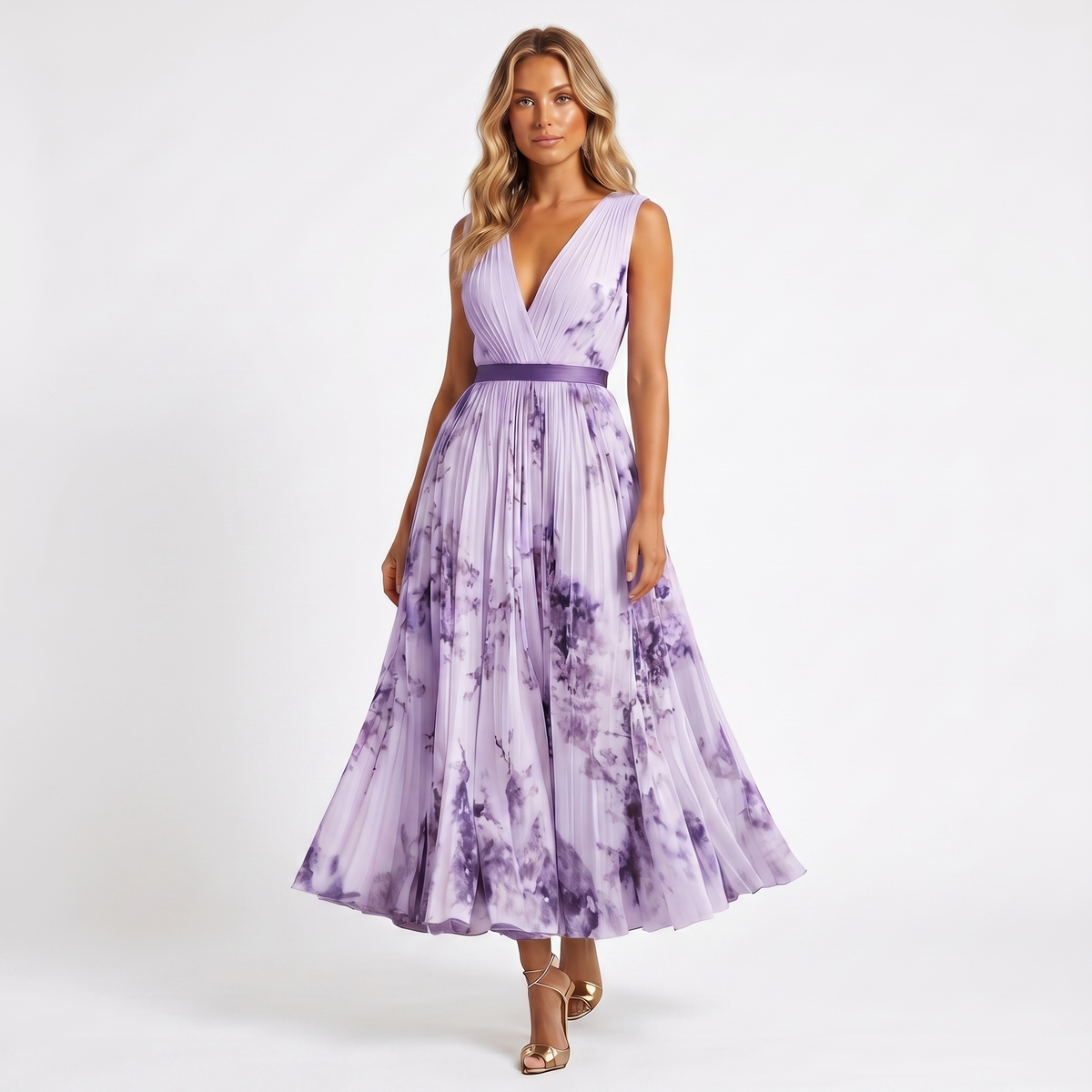 Women's Formal Maxi Dress – Pleated Chiffon Floral Print V-Neck Satin