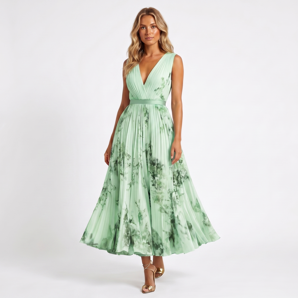 Women's Formal Maxi Dress – Pleated Chiffon Floral Print V-Neck Satin