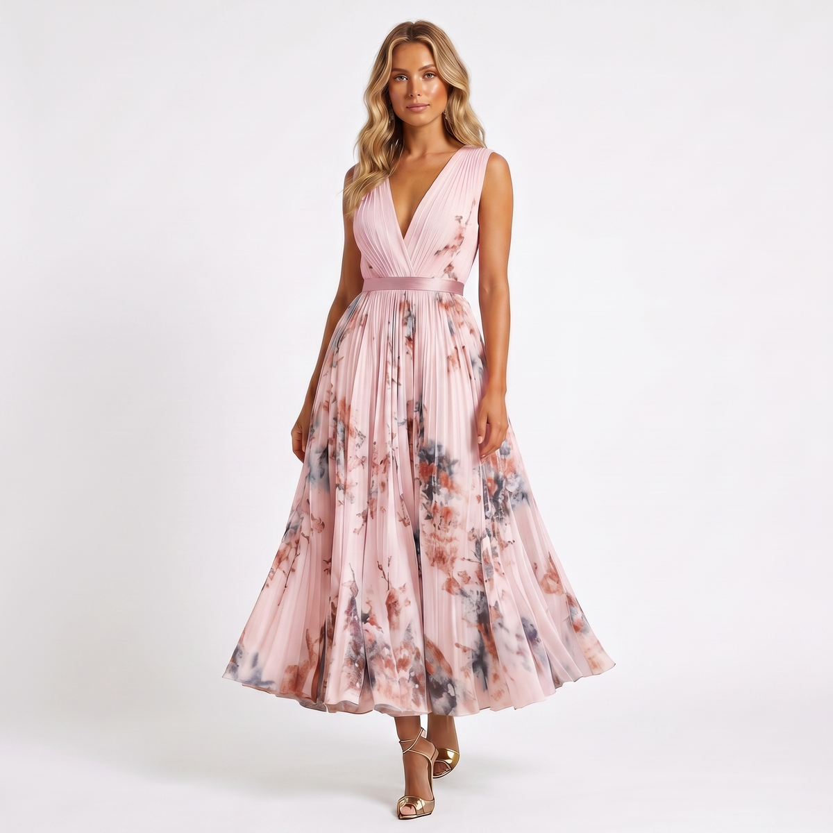 Women's Formal Maxi Dress – Pleated Chiffon Floral Print V-Neck Satin