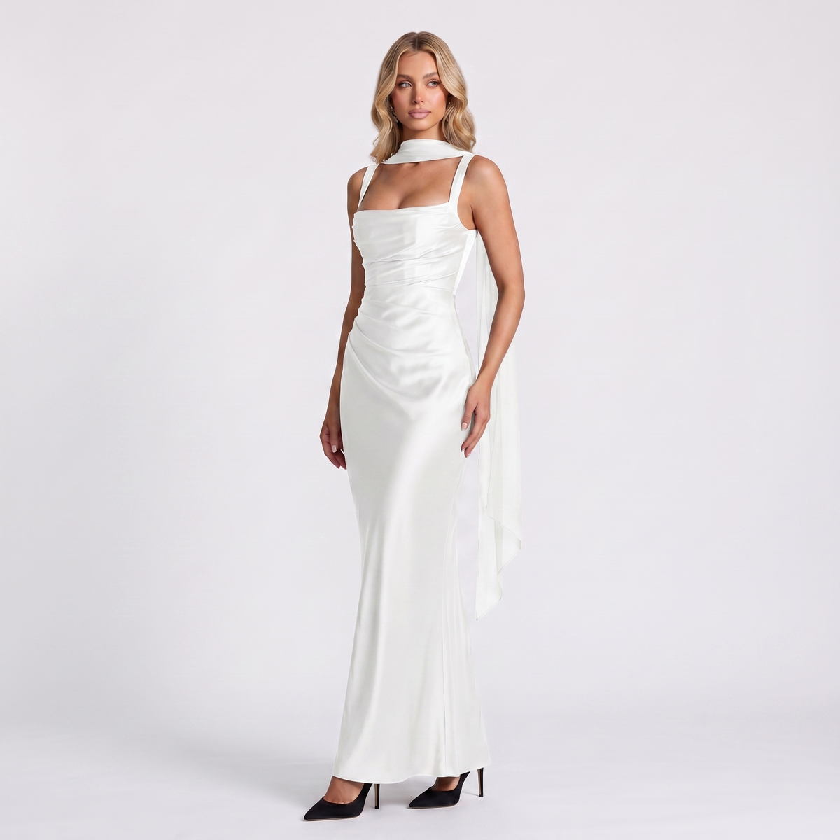 Women's Formal Maxi Dress – Satin Ruched Square Neck Tulle Scarf Gown