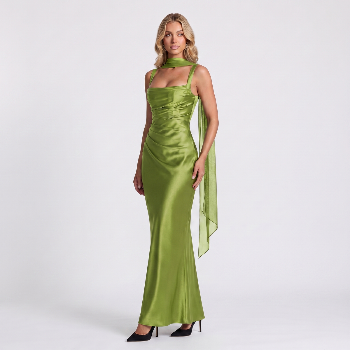Women's Formal Maxi Dress – Satin Ruched Square Neck Tulle Scarf Gown