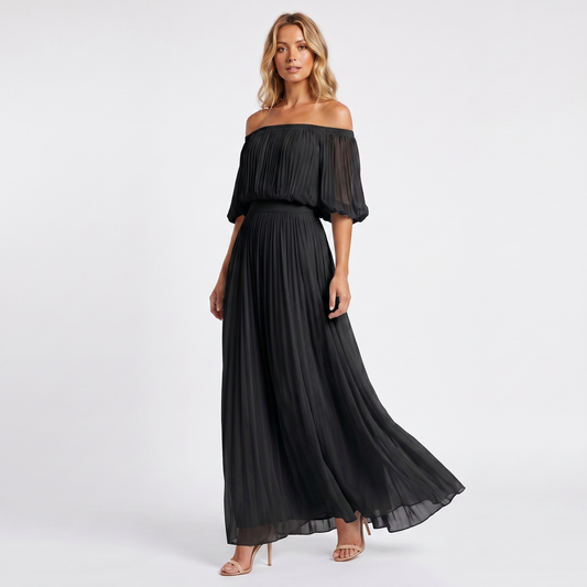 Women's Formal Maxi Dress – Off Shoulder Blouson Pleated Chiffon Puff Sleeve