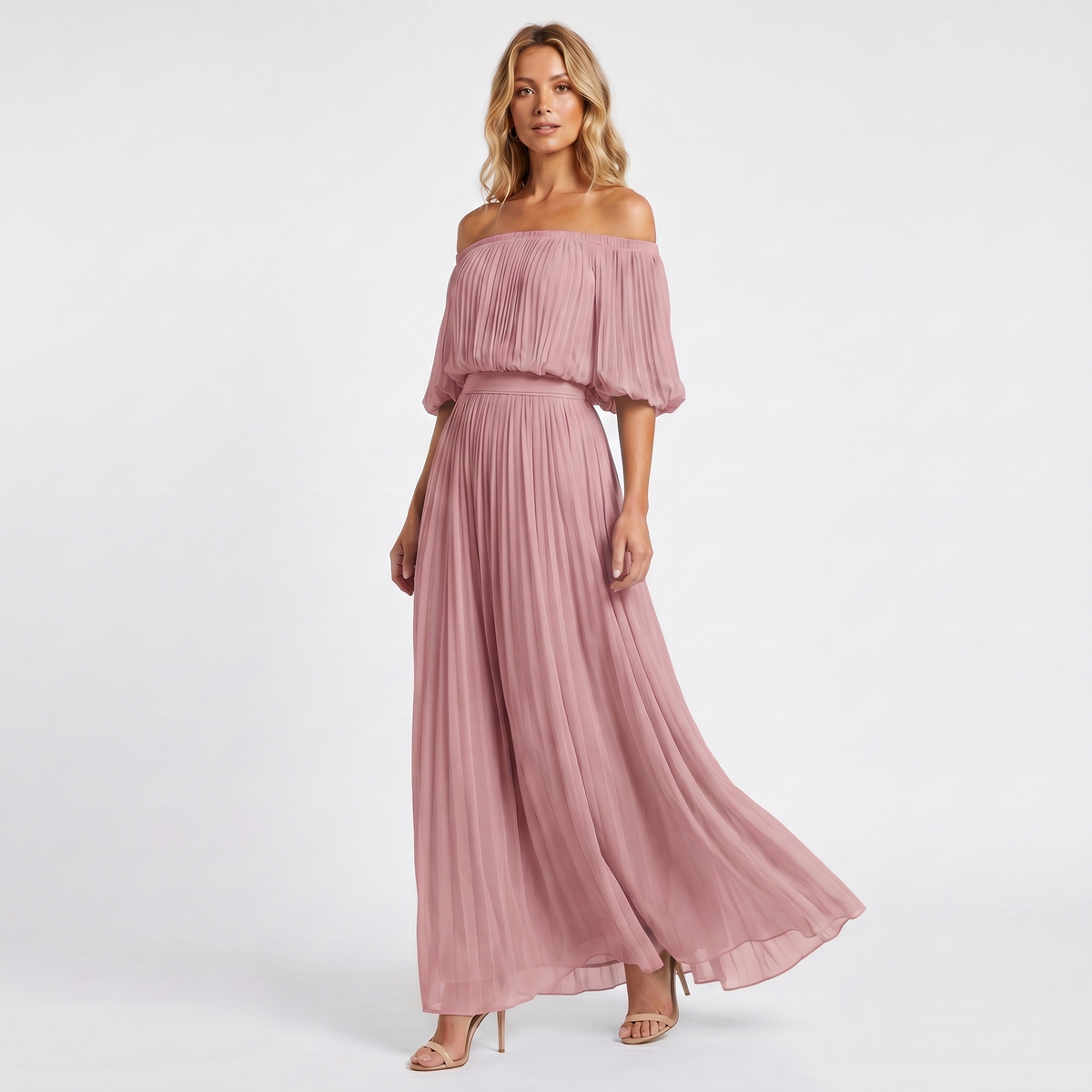 Women's Formal Maxi Dress – Off Shoulder Blouson Pleated Chiffon Puff Sleeve