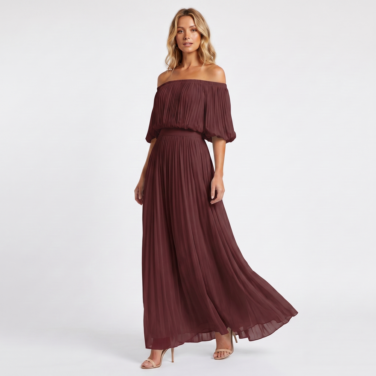 Women's Formal Maxi Dress – Off Shoulder Blouson Pleated Chiffon Puff Sleeve
