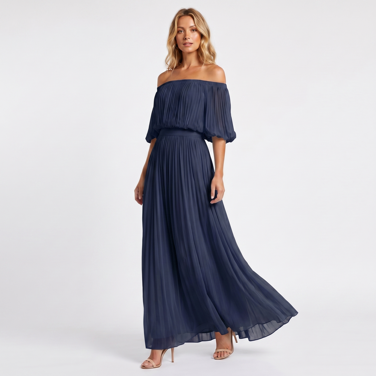 Women's Formal Maxi Dress – Off Shoulder Blouson Pleated Chiffon Puff Sleeve