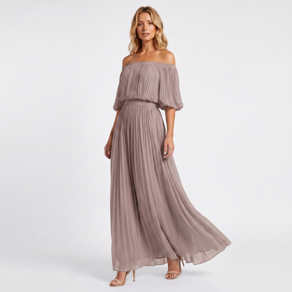 Women's Formal Maxi Dress – Off Shoulder Blouson Pleated Chiffon Puff Sleeve