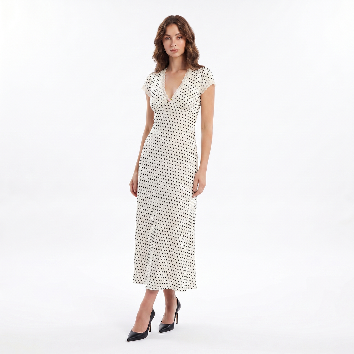 Women's Midi Dress – Polka Dot Lace Trim V-Neck Cap Sleeve Column