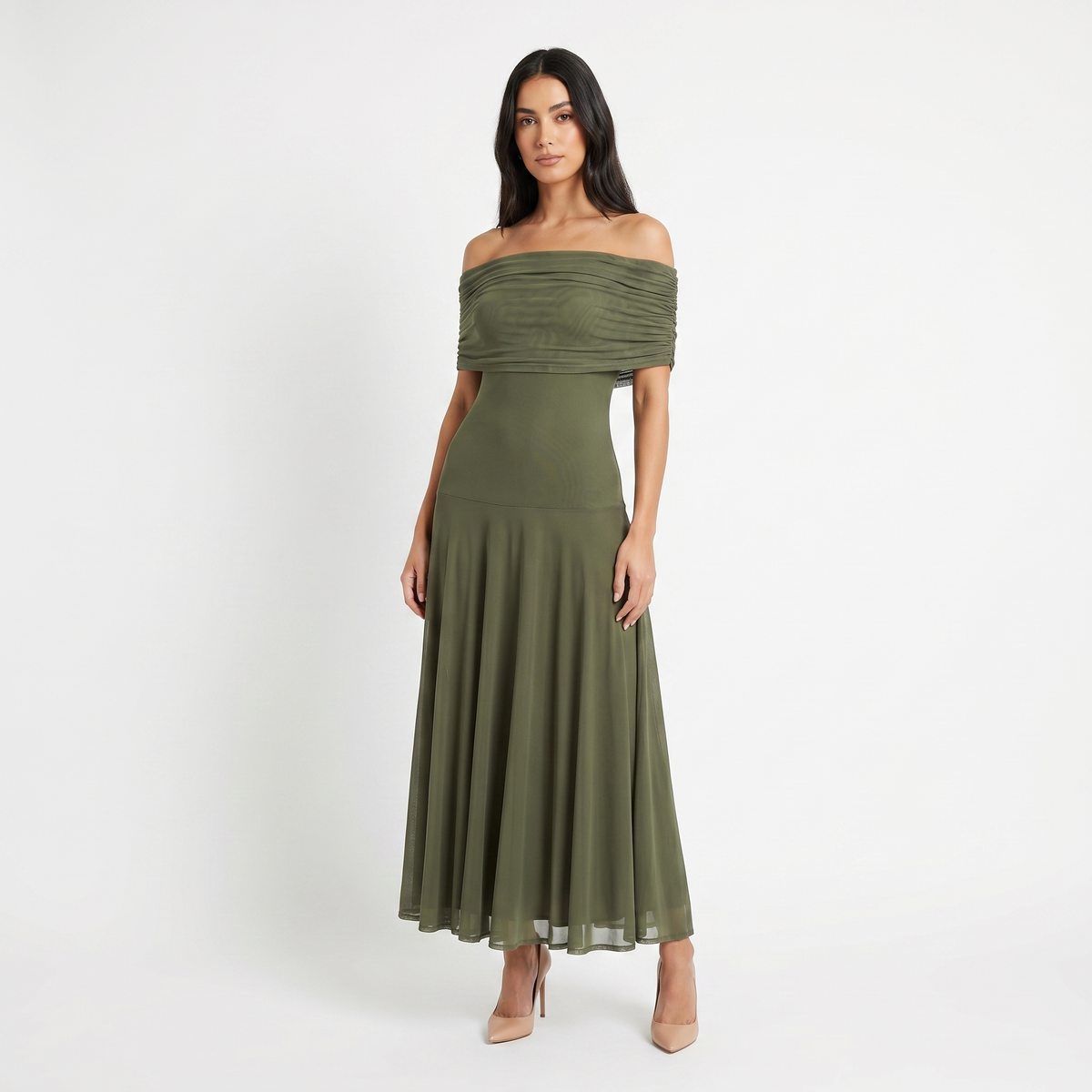 Women's Formal Maxi Dress – Off Shoulder Draped Fold Chiffon Full