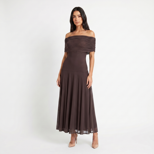 Women's Formal Maxi Dress – Off Shoulder Draped Fold Chiffon Full