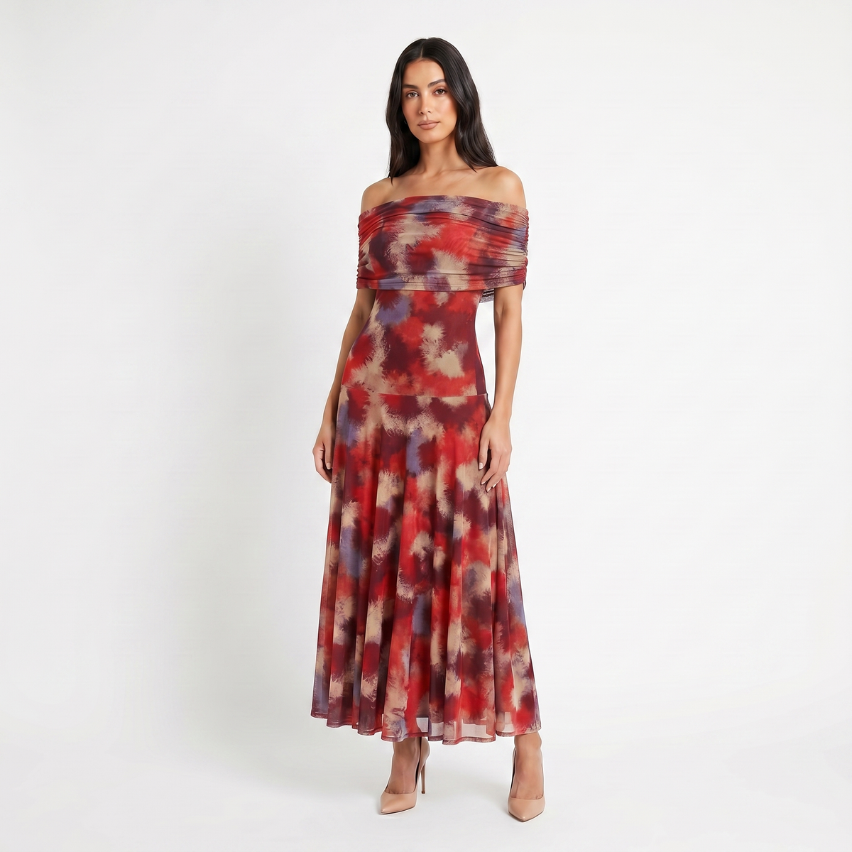 Women's Formal Maxi Dress – Off Shoulder Draped Fold Chiffon Full