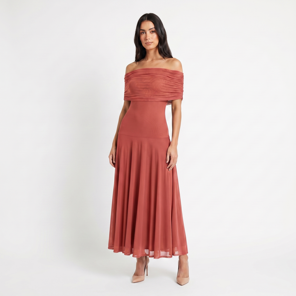 Women's Formal Maxi Dress – Off Shoulder Draped Fold Chiffon Full