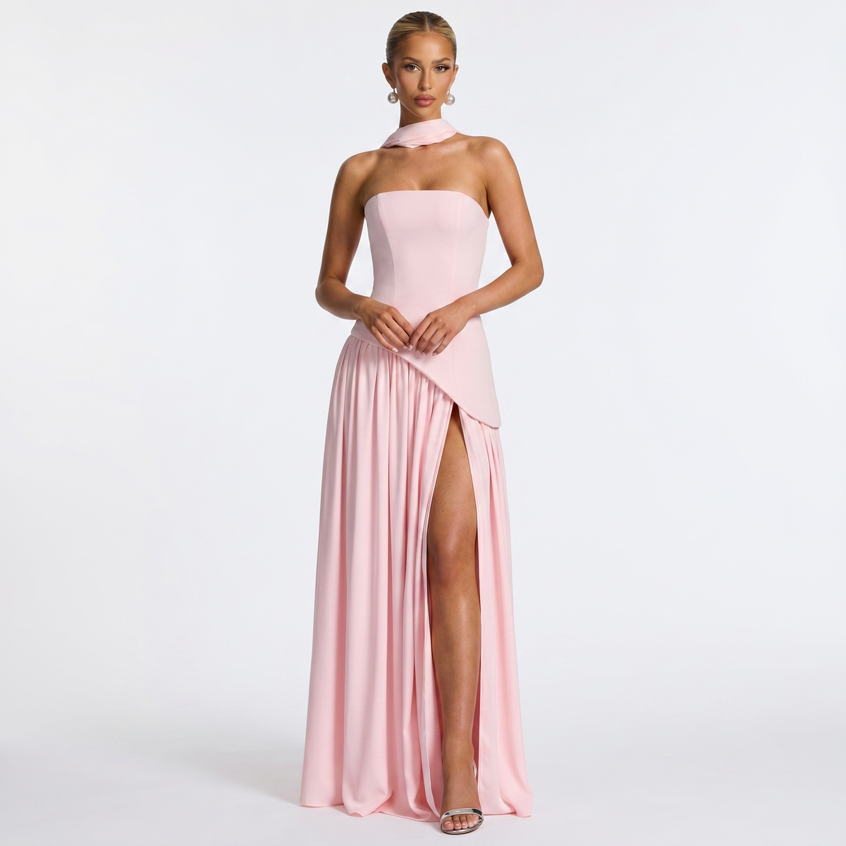 Women's Formal Maxi Dress – Strapless Chiffon Split Scarf Neck