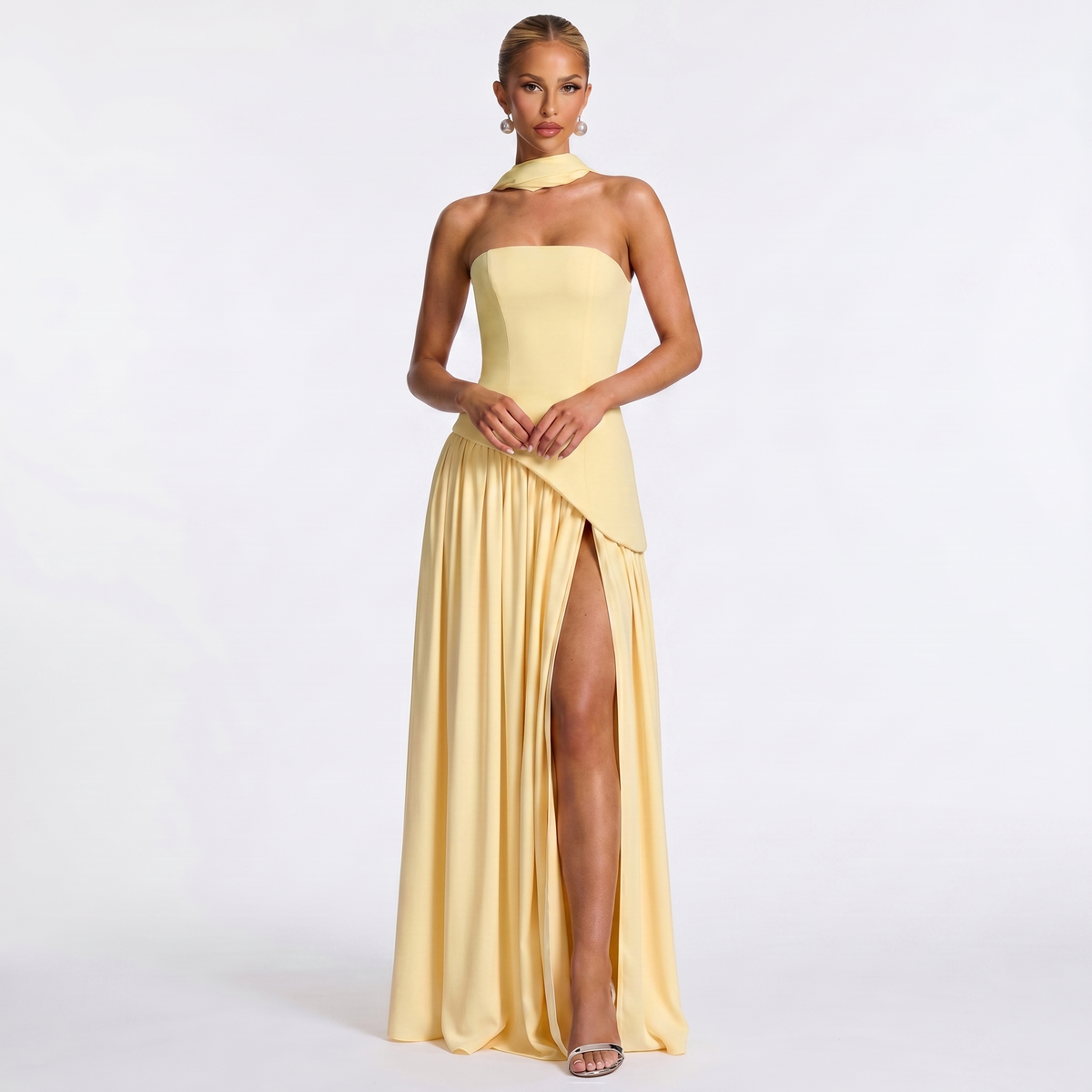 Women's Formal Maxi Dress – Strapless Chiffon Split Scarf Neck