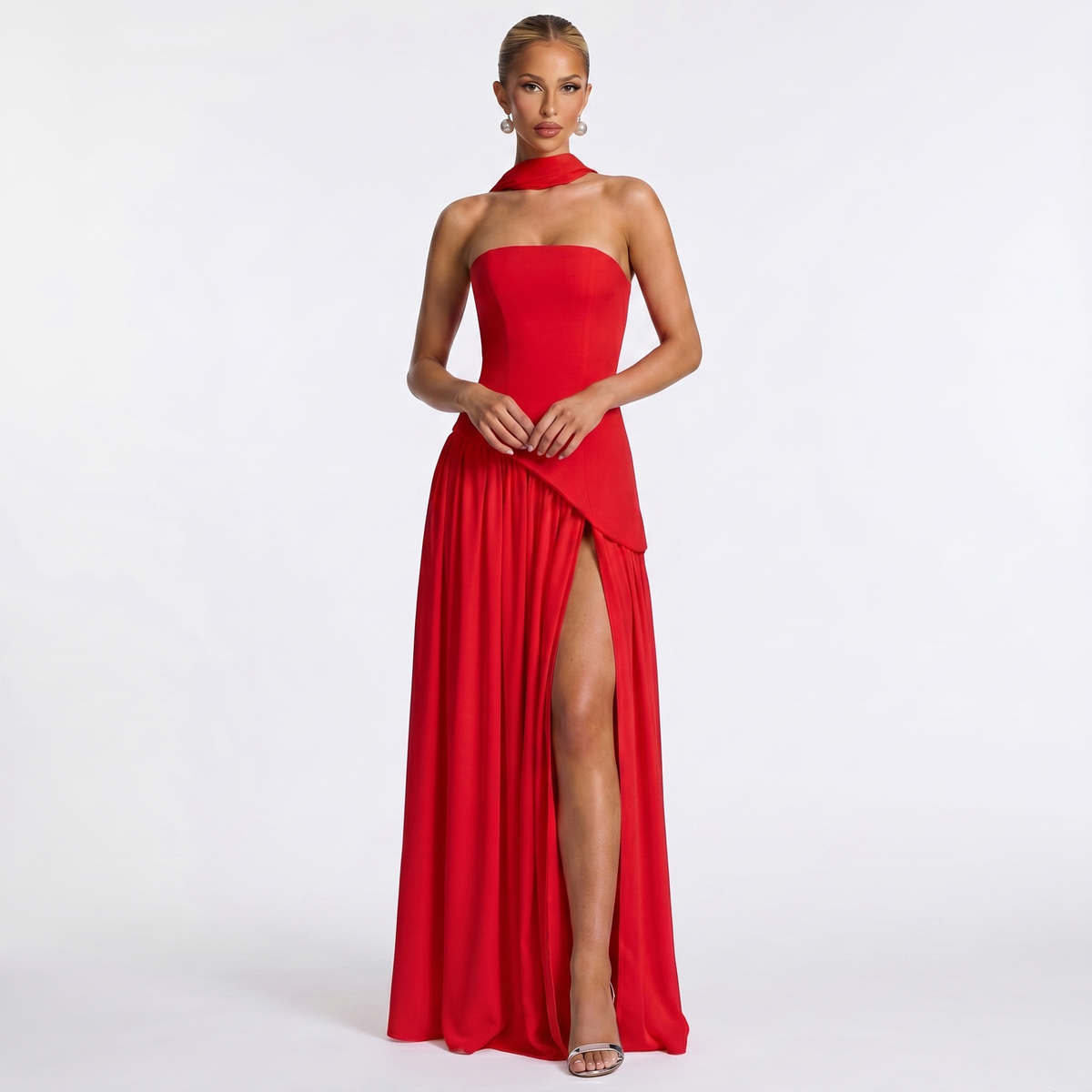 Women's Formal Maxi Dress – Strapless Chiffon Split Scarf Neck