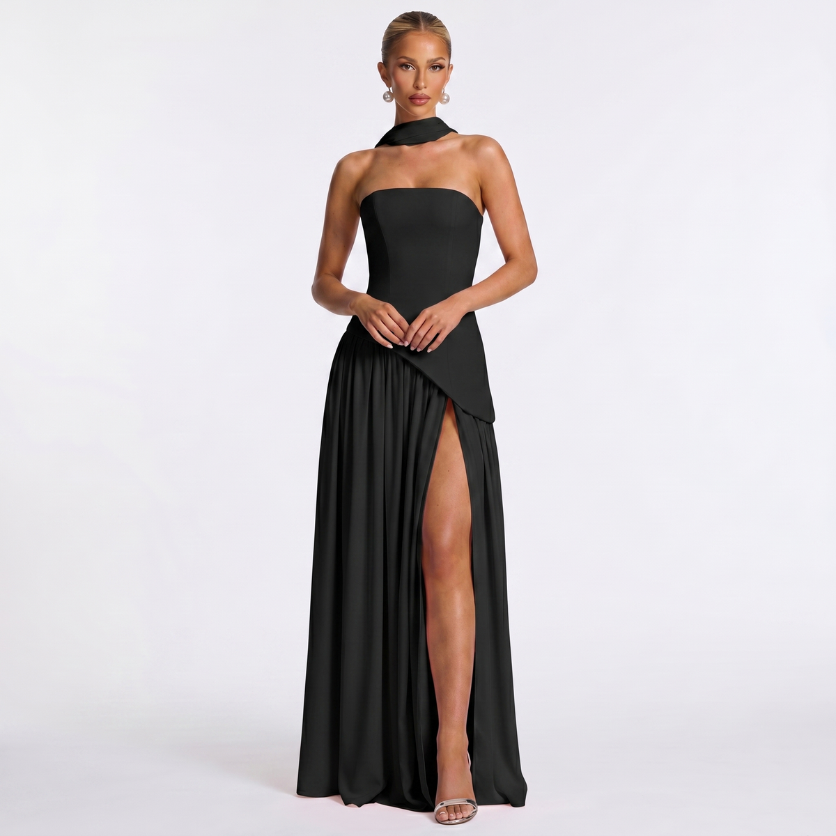 Women's Formal Maxi Dress – Strapless Chiffon Split Scarf Neck