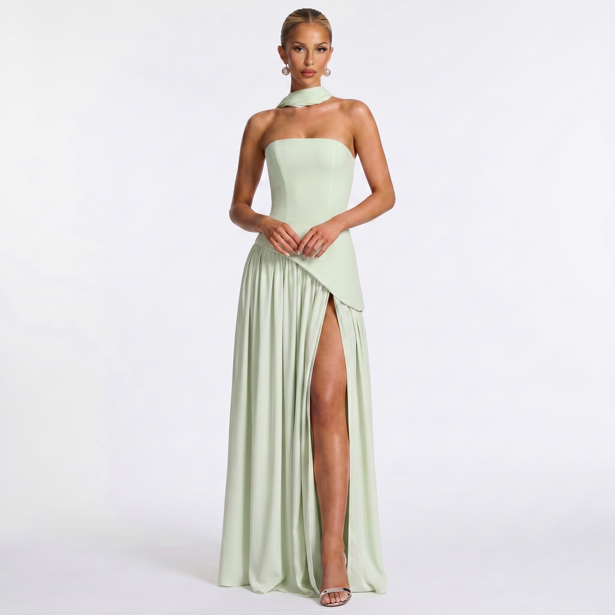 Women's Formal Maxi Dress – Strapless Chiffon Split Scarf Neck