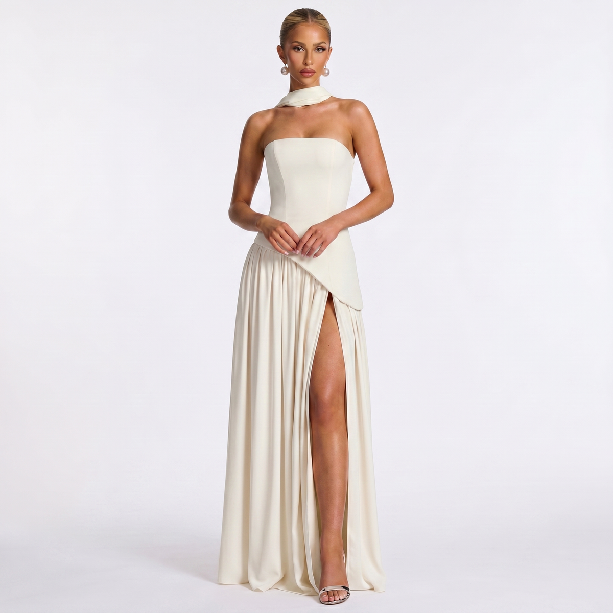Women's Formal Maxi Dress – Strapless Chiffon Split Scarf Neck
