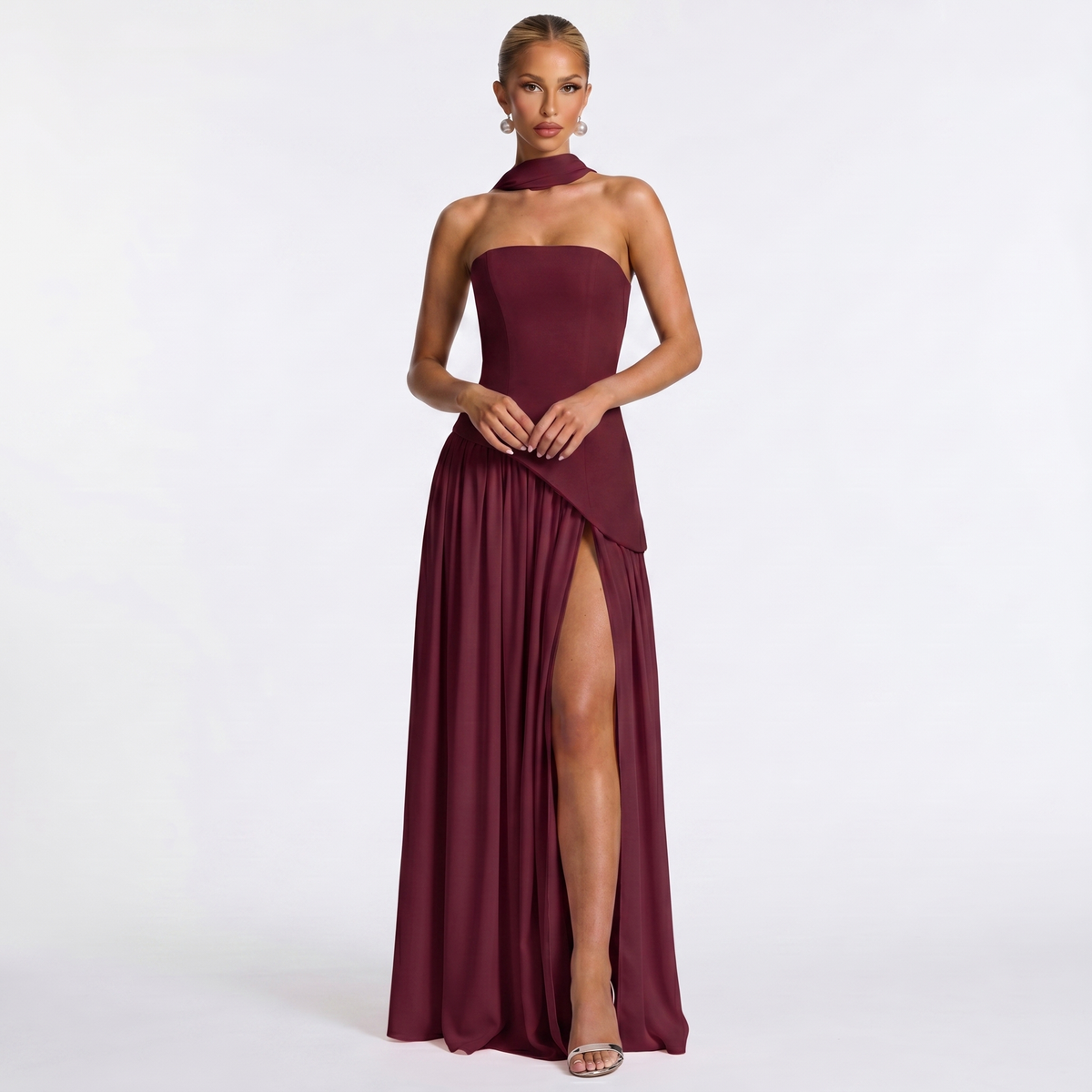 Women's Formal Maxi Dress – Strapless Chiffon Split Scarf Neck