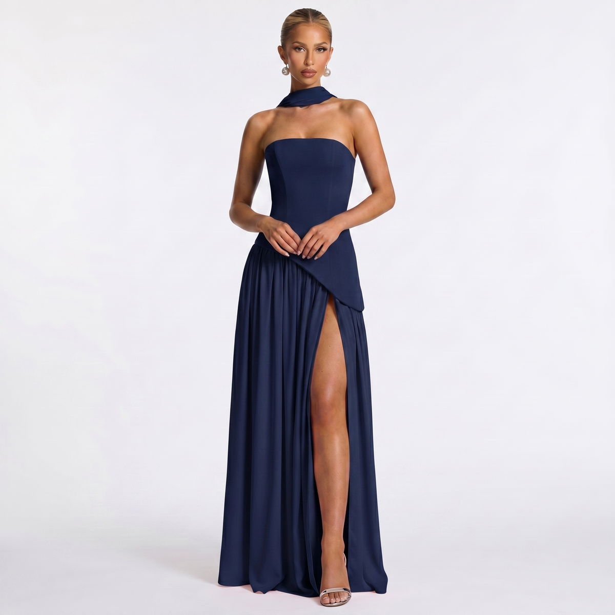 Women's Formal Maxi Dress – Strapless Chiffon Split Scarf Neck