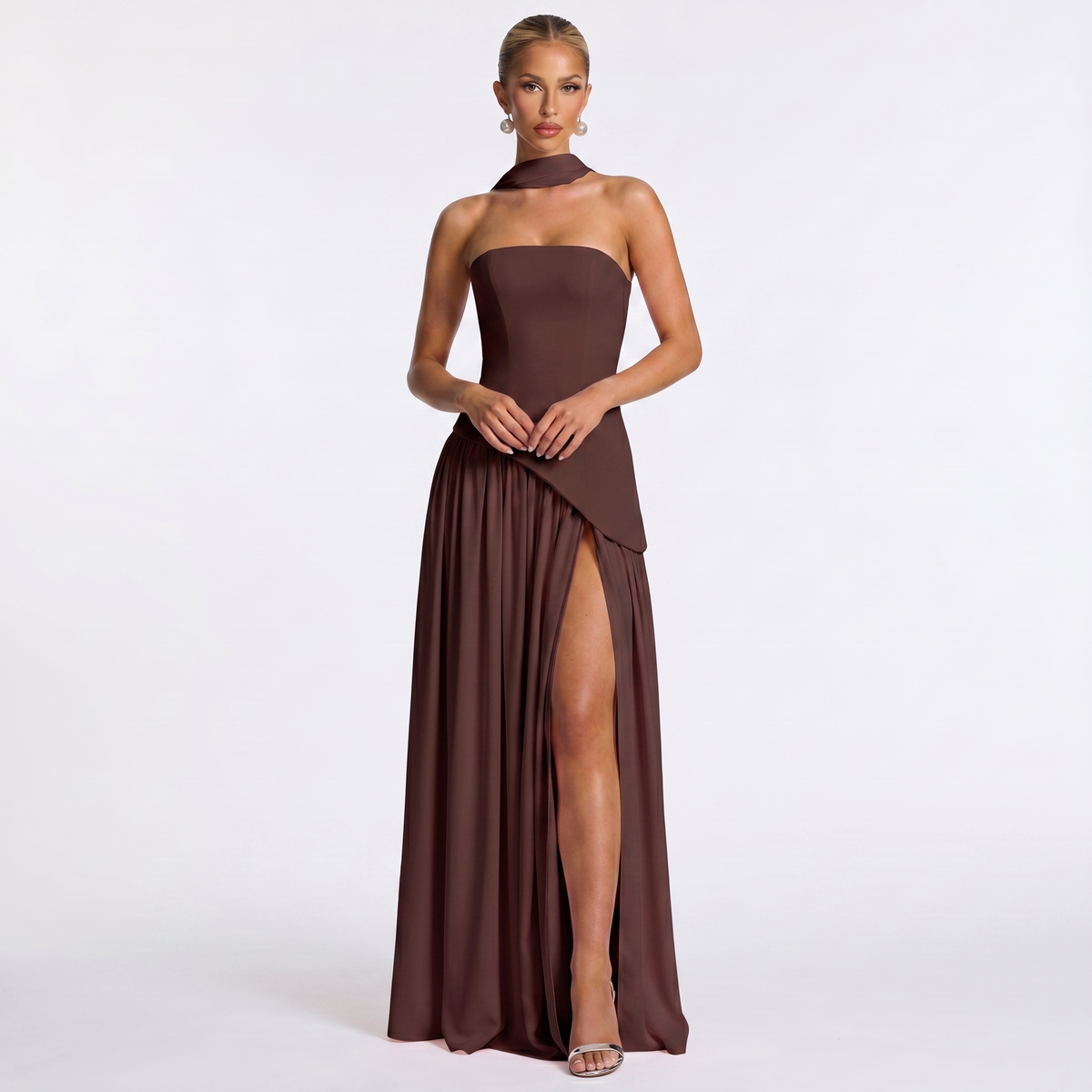 Women's Formal Maxi Dress – Strapless Chiffon Split Scarf Neck
