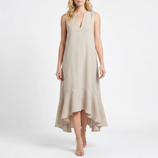 Women's Linen Midi Dress Sleeveless V Neck Ruffle High Low Hem