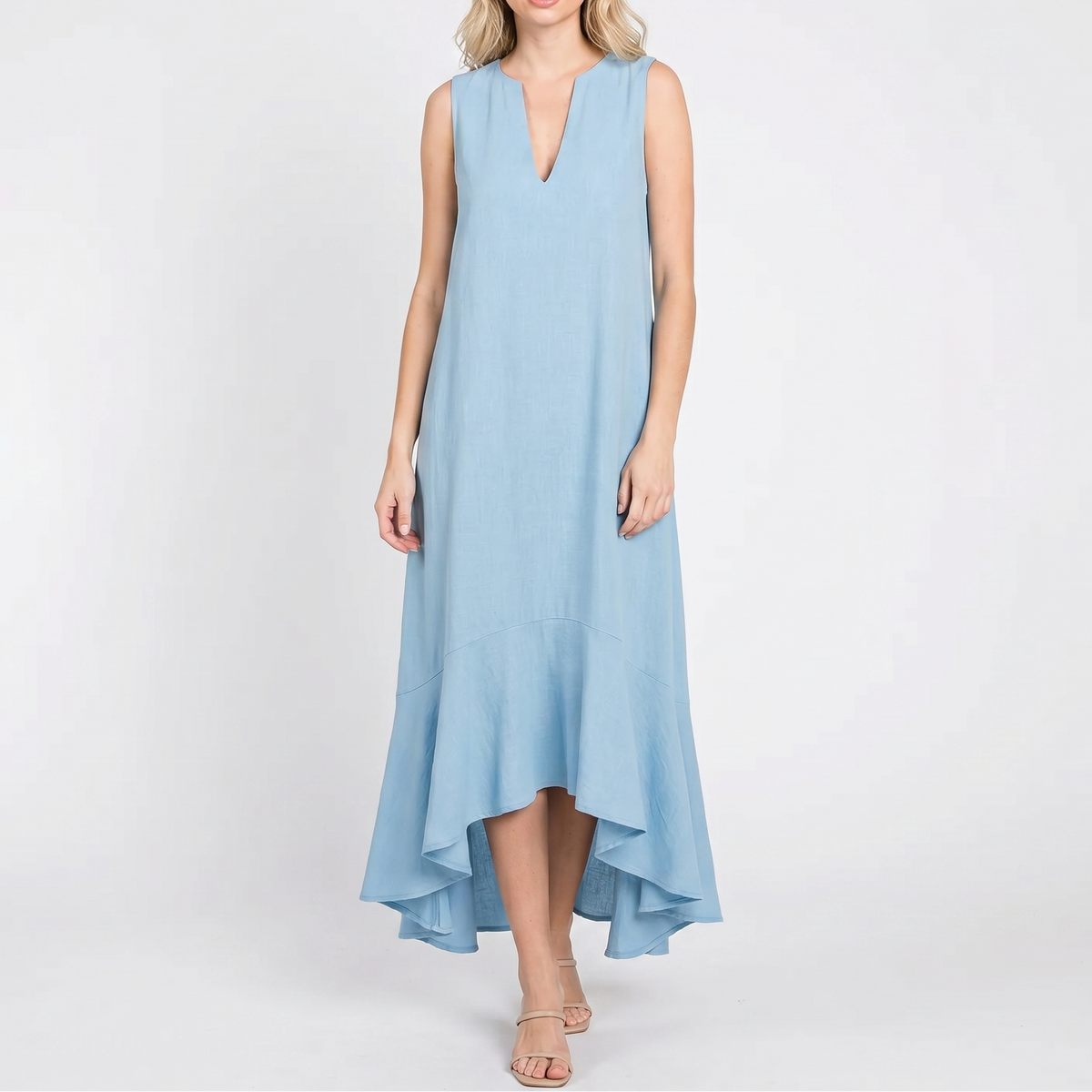 Women's Linen Midi Dress Sleeveless V Neck Ruffle High Low Hem