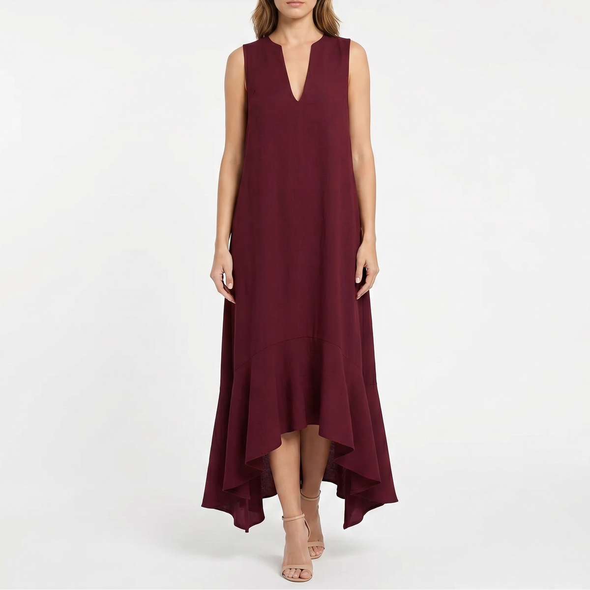 Women's Linen Midi Dress Sleeveless V Neck Ruffle High Low Hem