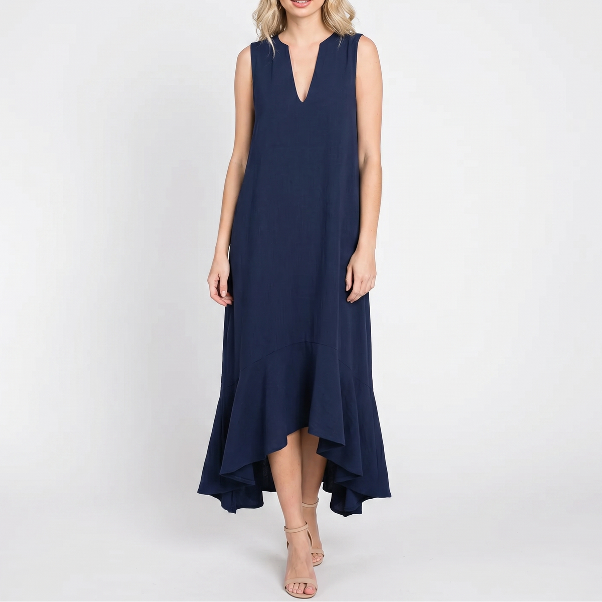 Women's Linen Midi Dress Sleeveless V Neck Ruffle High Low Hem