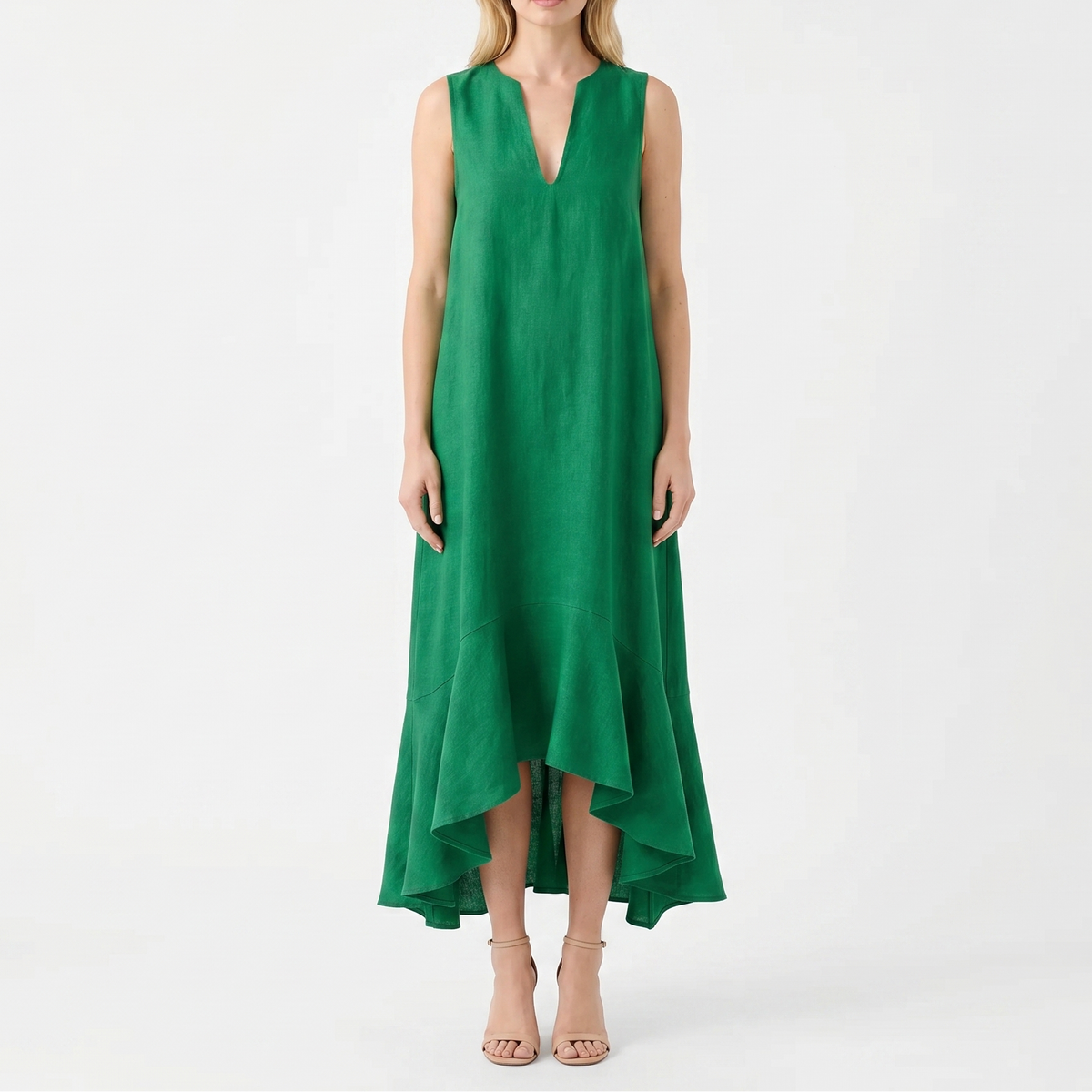 Women's Linen Midi Dress Sleeveless V Neck Ruffle High Low Hem