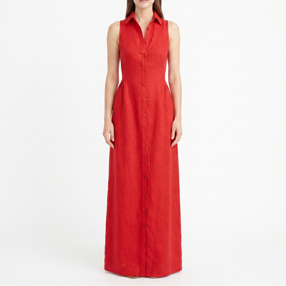 Women's Linen Maxi Dress Sleeveless Button Down Collared Pockets