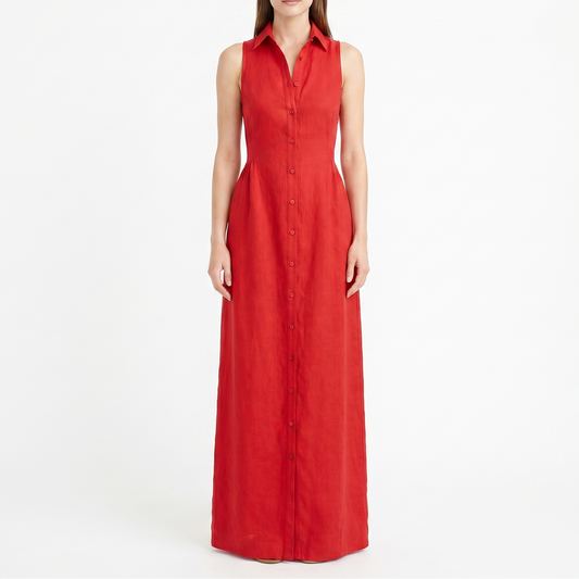 Women's Linen Maxi Dress Sleeveless Button Down Collared Pockets
