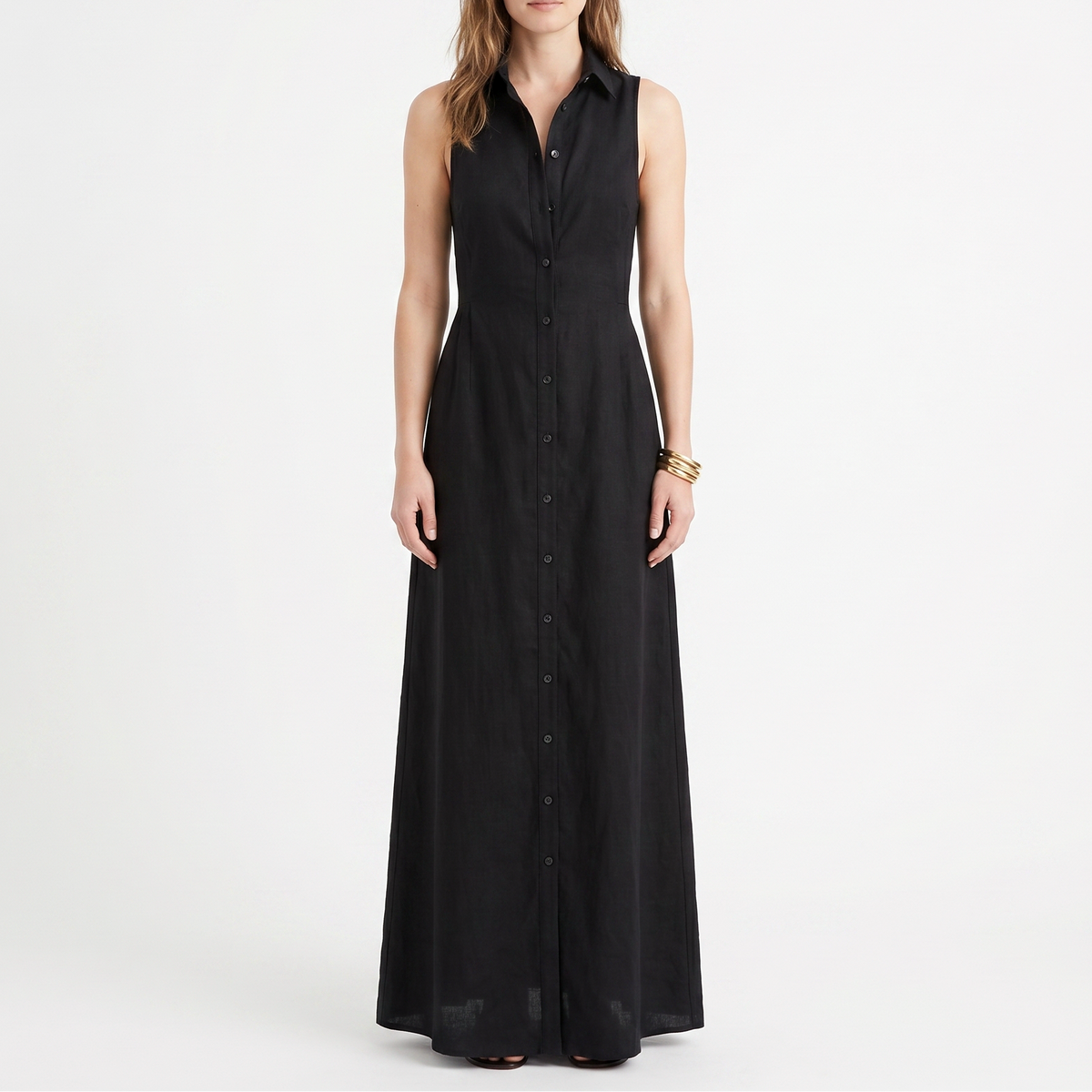 Women's Linen Maxi Dress Sleeveless Button Down Collared Pockets