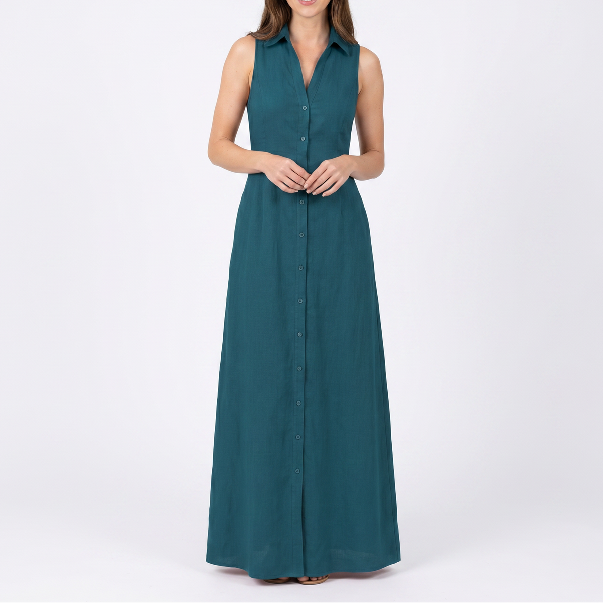Women's Linen Maxi Dress Sleeveless Button Down Collared Pockets
