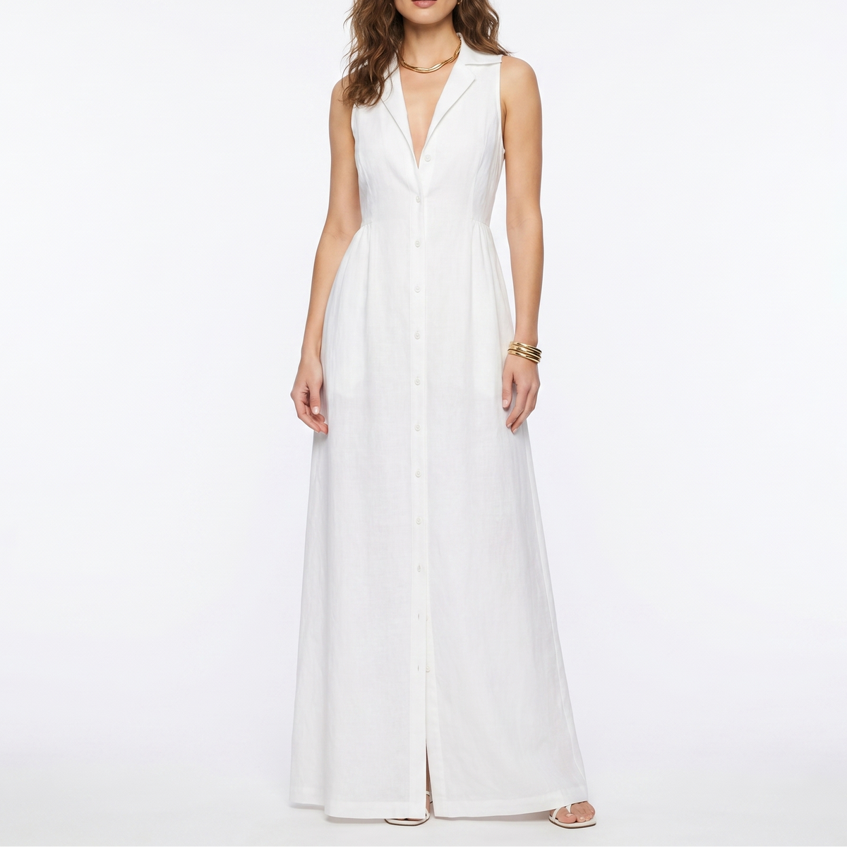 Women's Linen Maxi Dress Sleeveless Button Down Collared Pockets