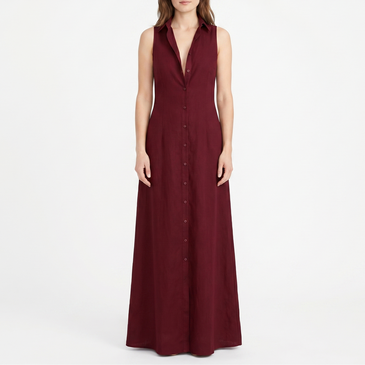 Women's Linen Maxi Dress Sleeveless Button Down Collared Pockets
