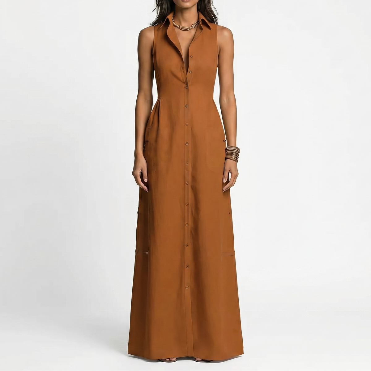 Women's Linen Maxi Dress Sleeveless Button Down Collared Pockets