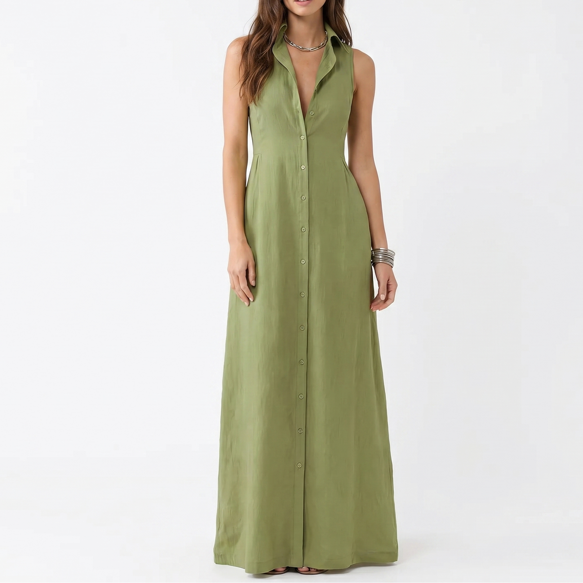 Women's Linen Maxi Dress Sleeveless Button Down Collared Pockets