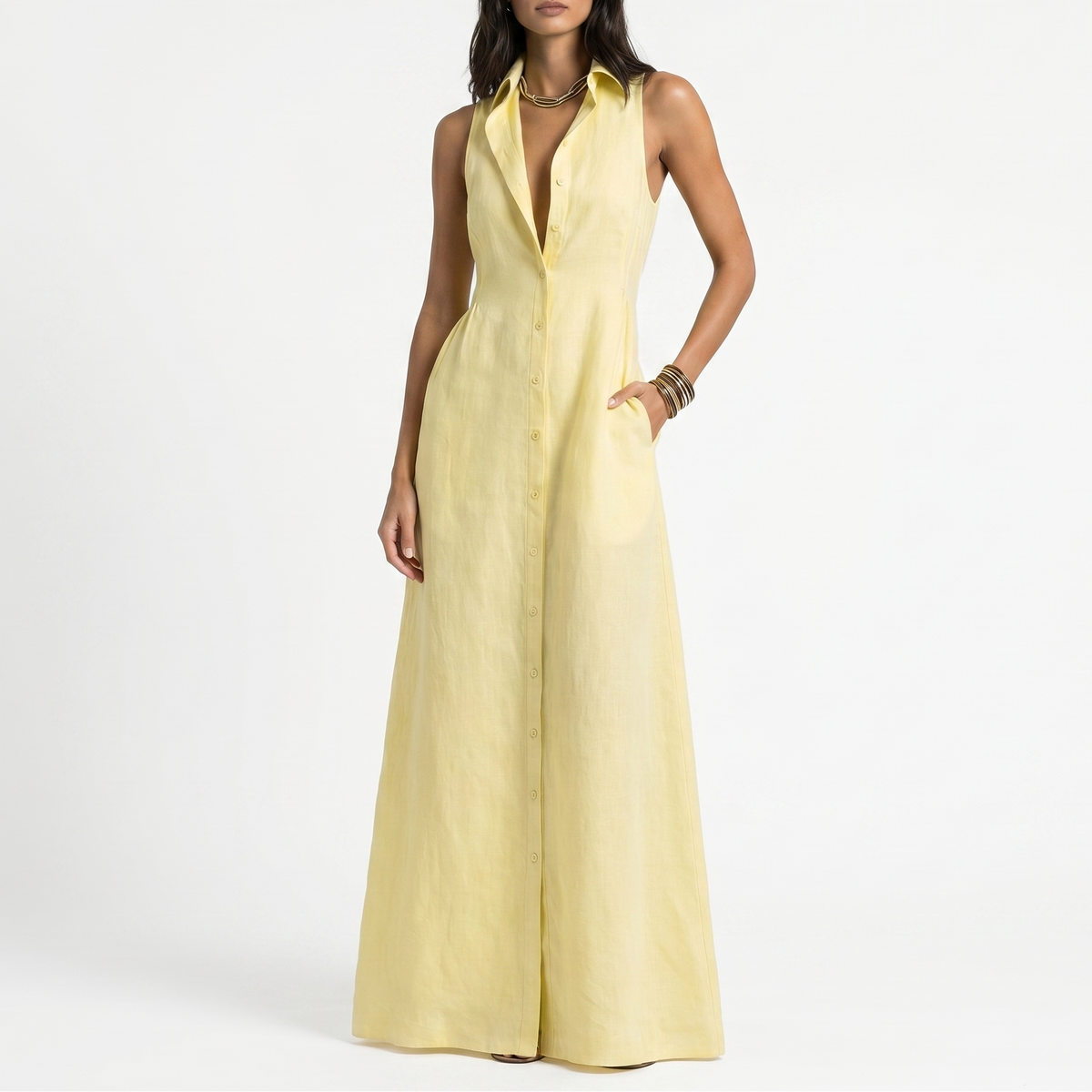 Women's Linen Maxi Dress Sleeveless Button Down Collared Pockets